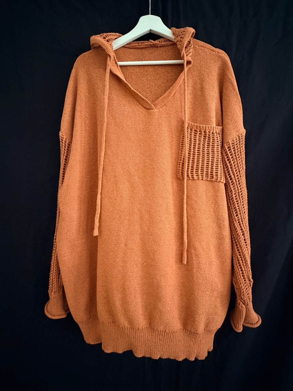 BloomChic Rust Orange V-Neck Hooded Knit Sweater